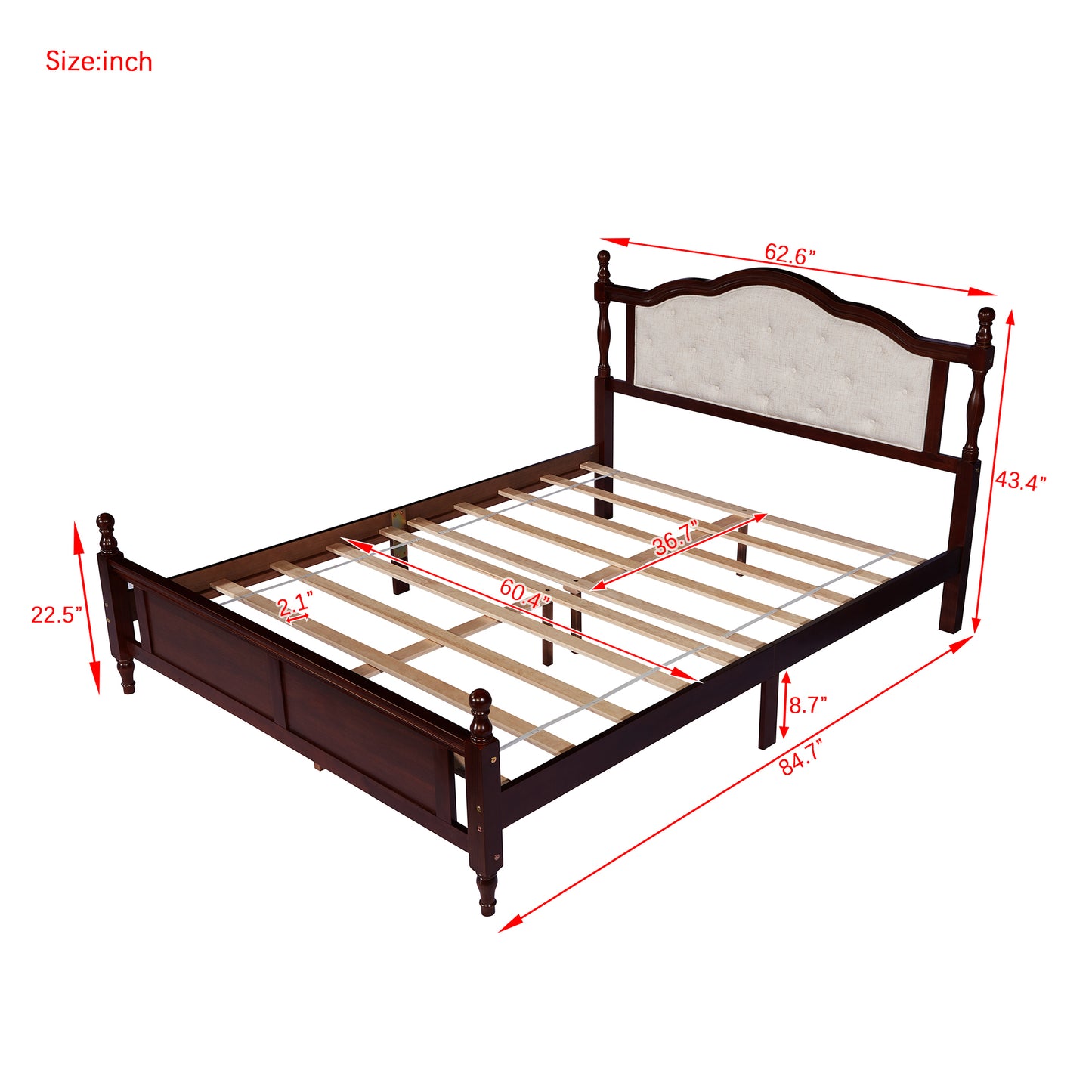 Queen Pine wooden Bed with Upholstered Headboard  and Panel Footboard, with  Two Bed Rail Support Feet and Central Platform Support Feet ,Classic Cherry