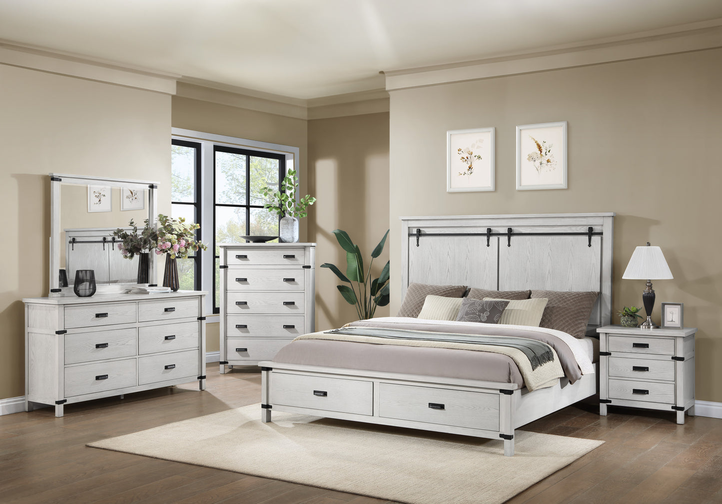 Ensemble de chambre à coucher 5 pièces de style moderne avec lit king-size en bois blanc antique