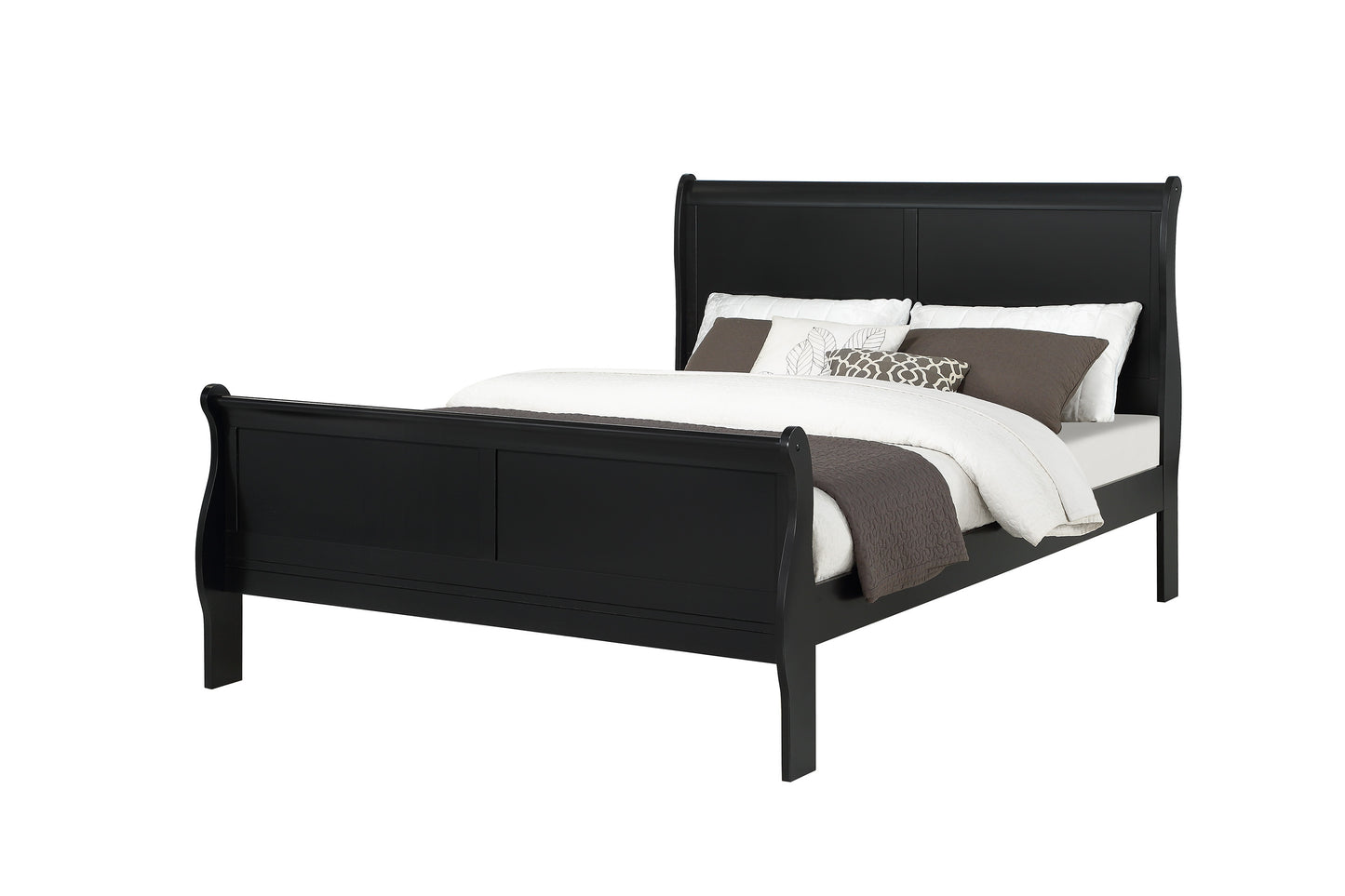 Louis Phillipe Brown Black Finish Full Size Panel Sleigh Bed Solid Wood Wooden Bedroom Furniture