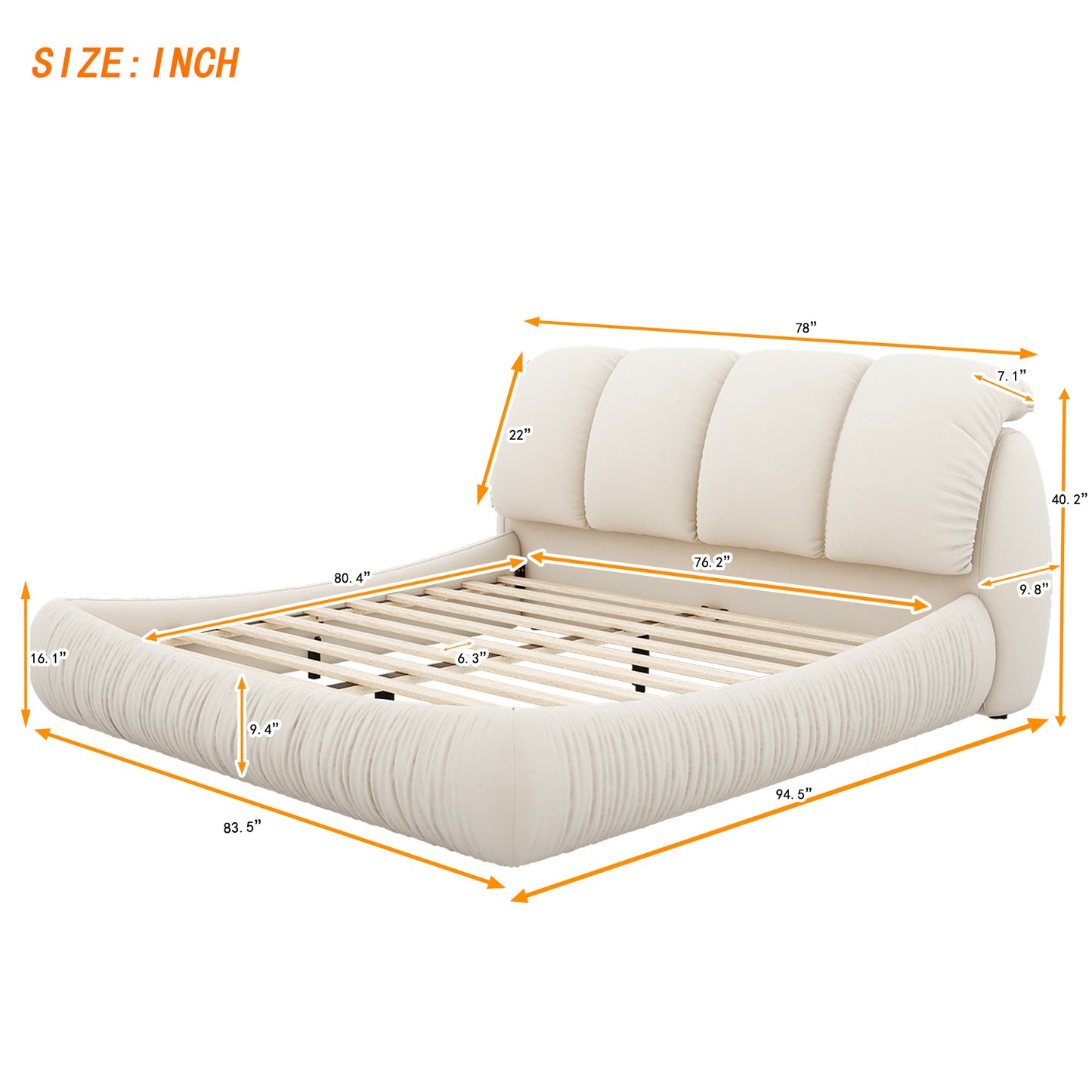 King Size Luxury Upholstered Bed with Thick Headboard, Velvet King Bed with Oversized Padded Backrest, Beige(Expect Arrive date 2024/3/12)