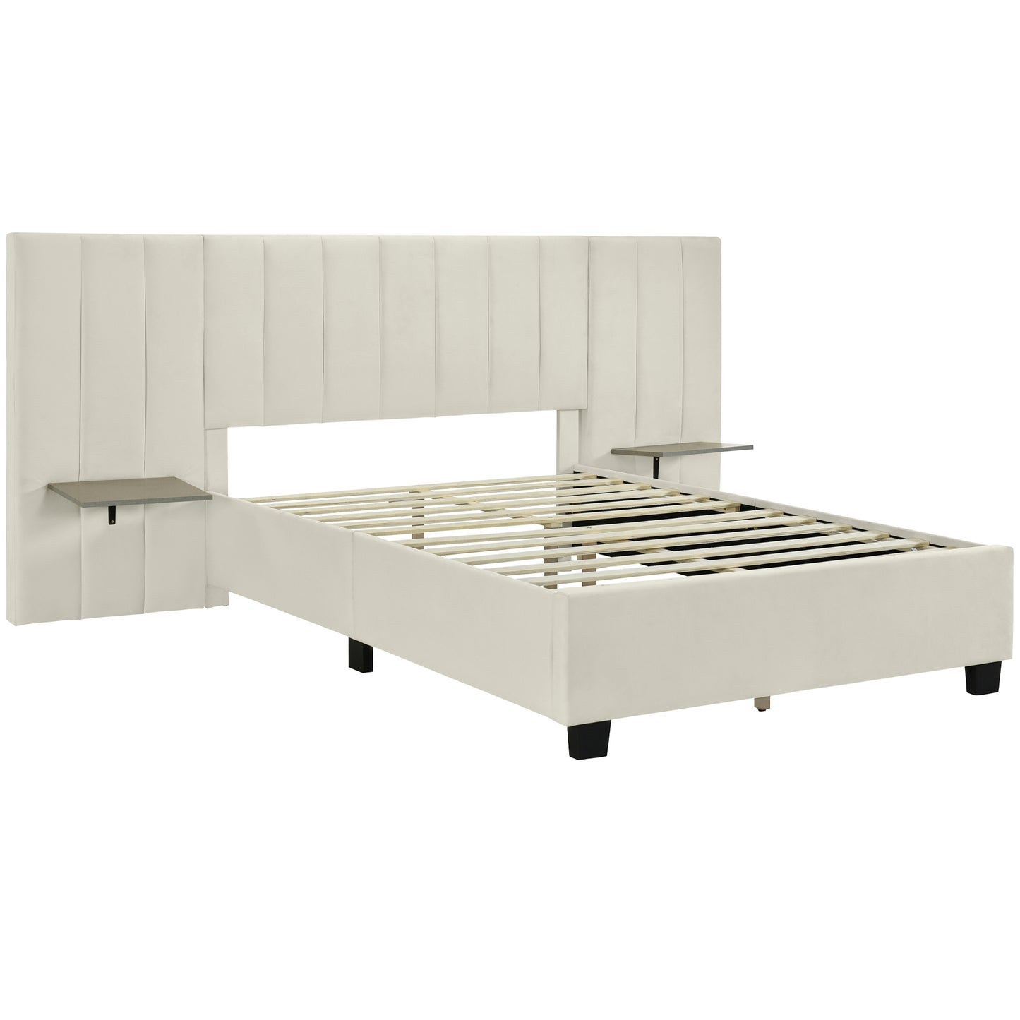 Full Size Upholstered Platform Bed with Big Headboard, Bedroom Furniture, Velvet, Beige