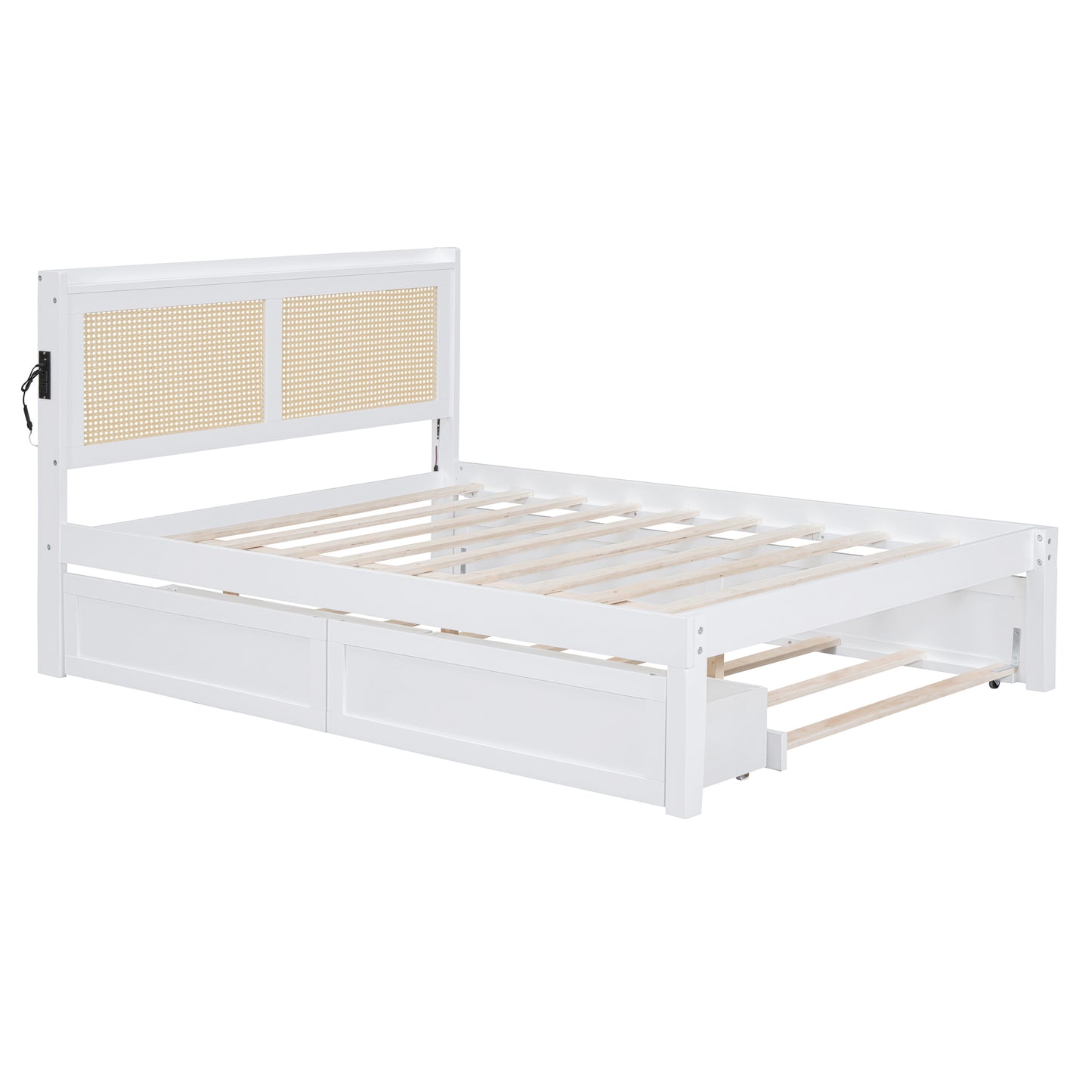 Full Size Elegant Bed Frame with Rattan Headboard and Sockets ,White