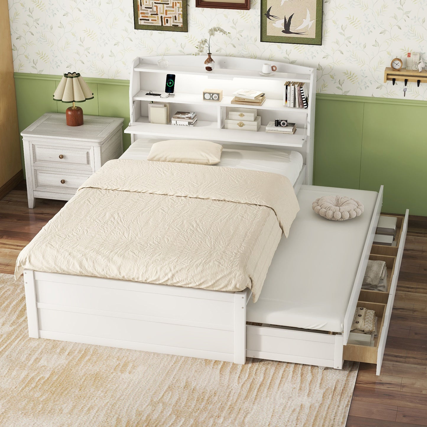 Full Size Wooden LED Platform Bed with Trundle, with Storage Headboard, with Drawers, White