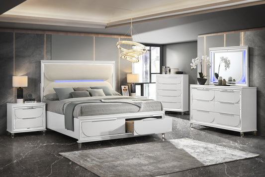 ACME Tarian Eastern King Bed w/Storage & LED, White Boucle & Pearl White Finish BD02316EK