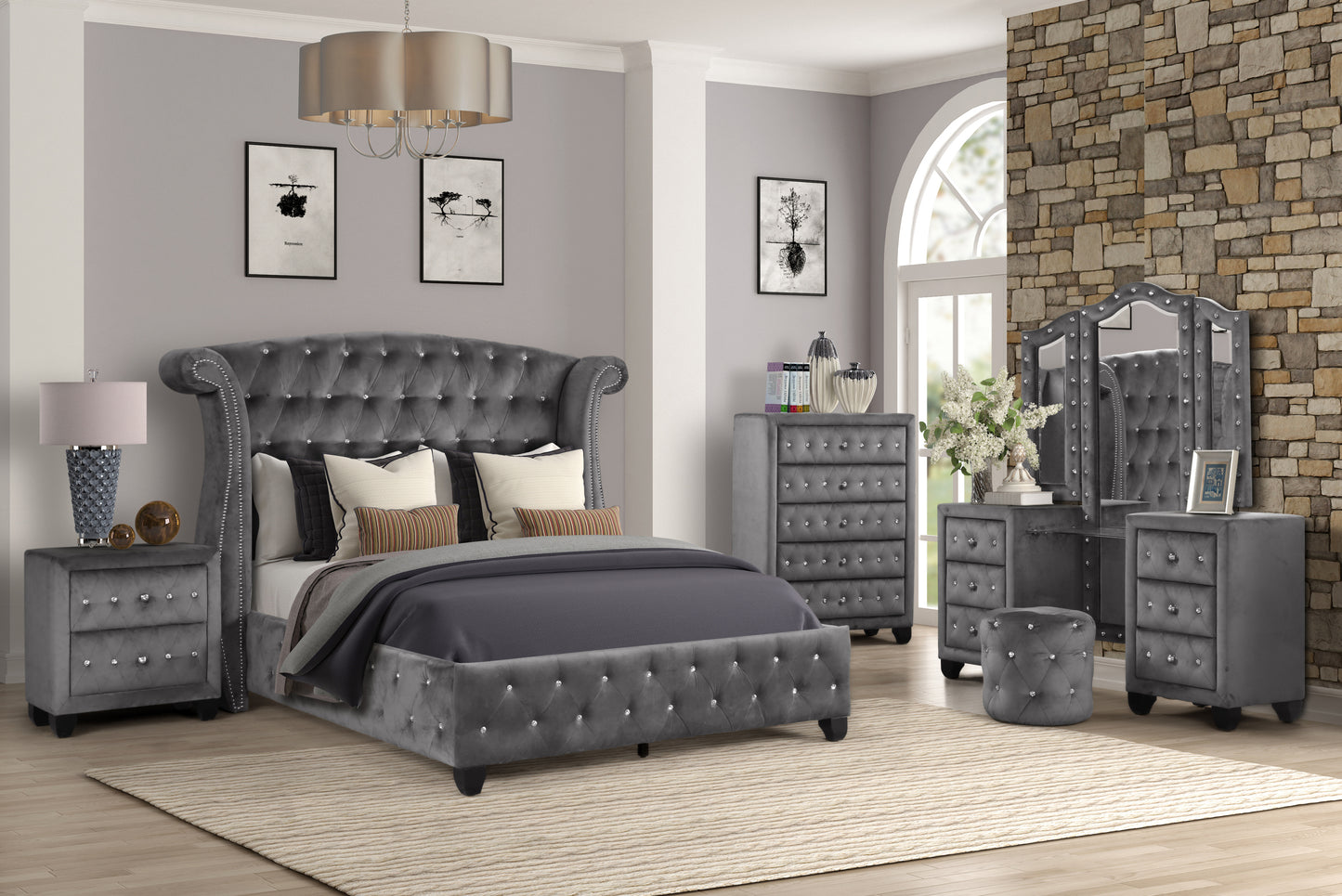 Queen 5 Pc Vanity Upholstery Bedroom Set Made With Wood in Gray