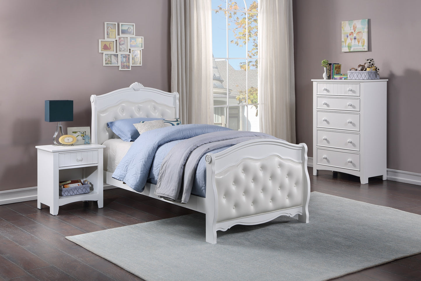 White Twin Size Bed Youth Bedroom Furniture White Faux Leather Headboard Footboard Plywood 1pc Bedframe