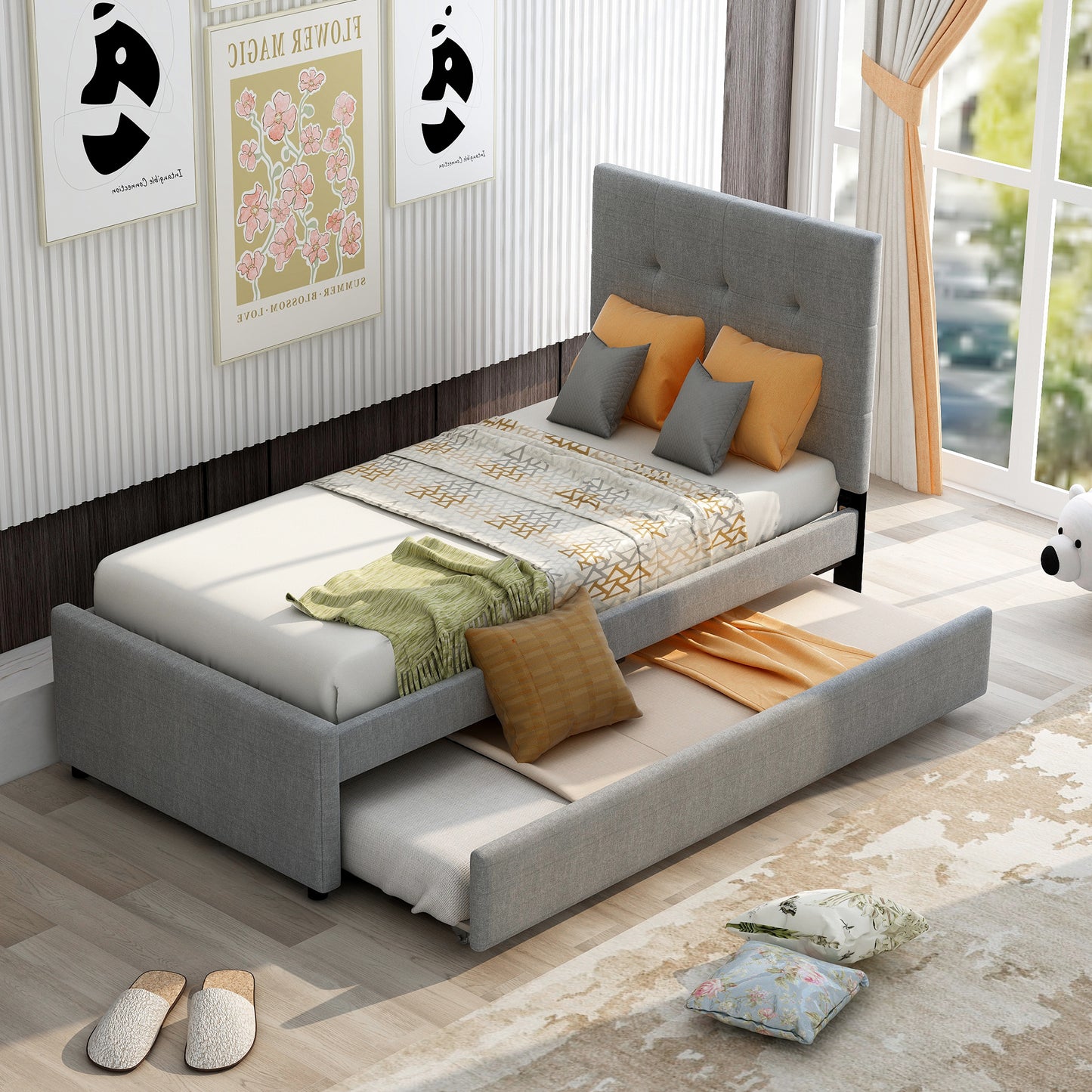 Linen Upholstered Platform Bed With Headboard and Trundle, Twin(Old SKU: SM000504AAE)