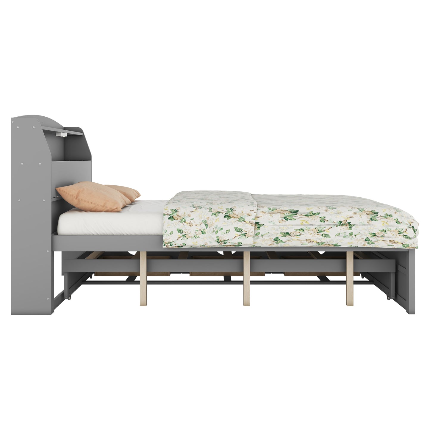 Full Size Wooden LED Platform Bed with Trundle, with Storage Headboard, with Drawers, Gray