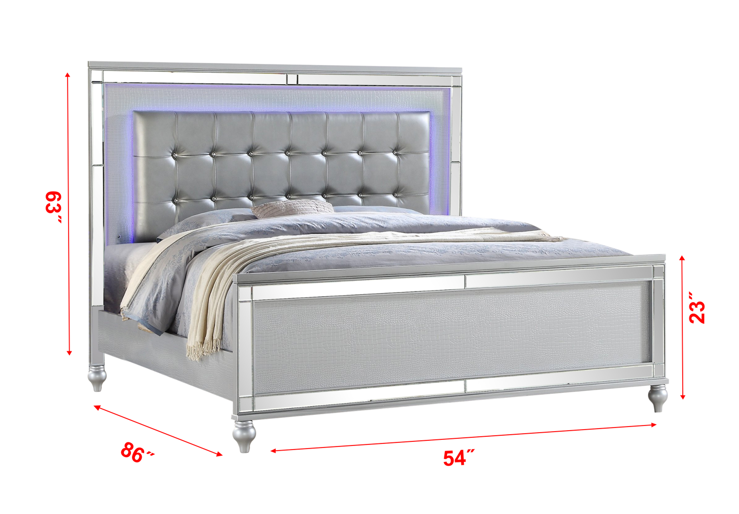 Conjunto de dormitorio completo de 4 piezas con luces LED fabricado con madera en color plata