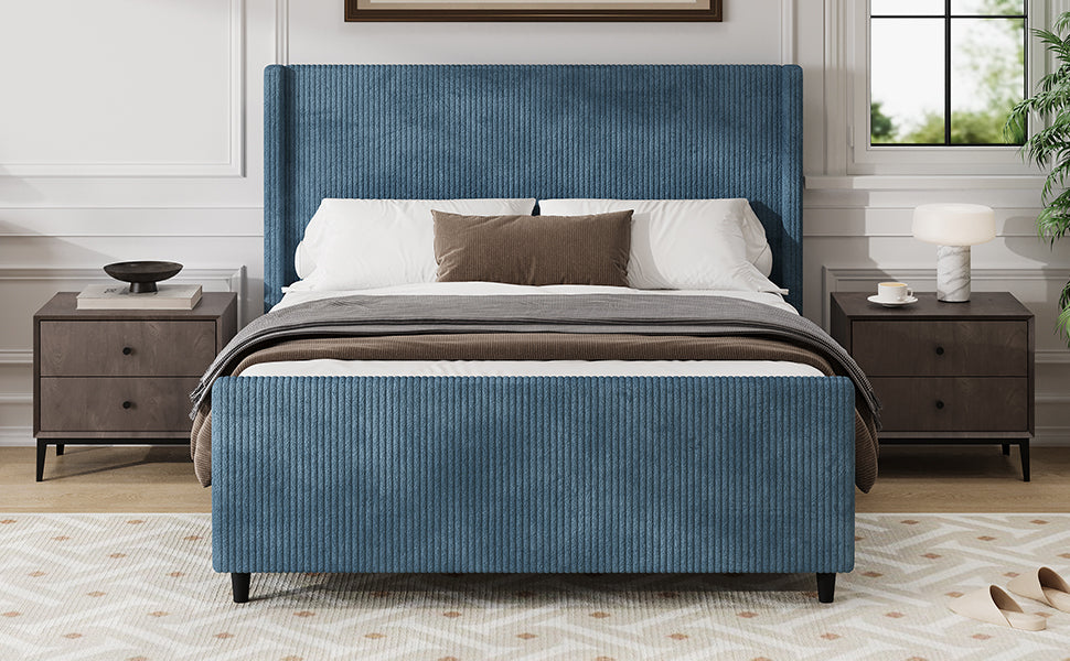 50.7'' High Headboard Corduroy Upholstered Bed Frame with Vertical Stripe Wingback and High Footboard No Box Spring Needed, Queen Size, Blue