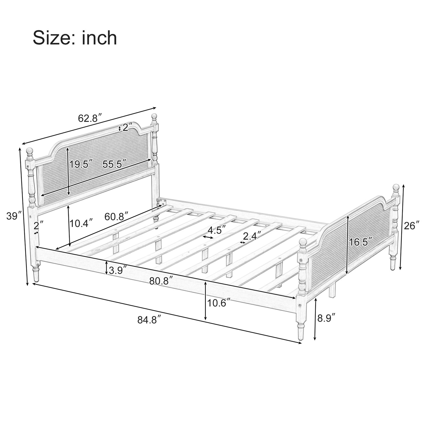 Traditional Style Rattan Queen Size Bed Frame,No Box Spring Needed,Antique Walnut