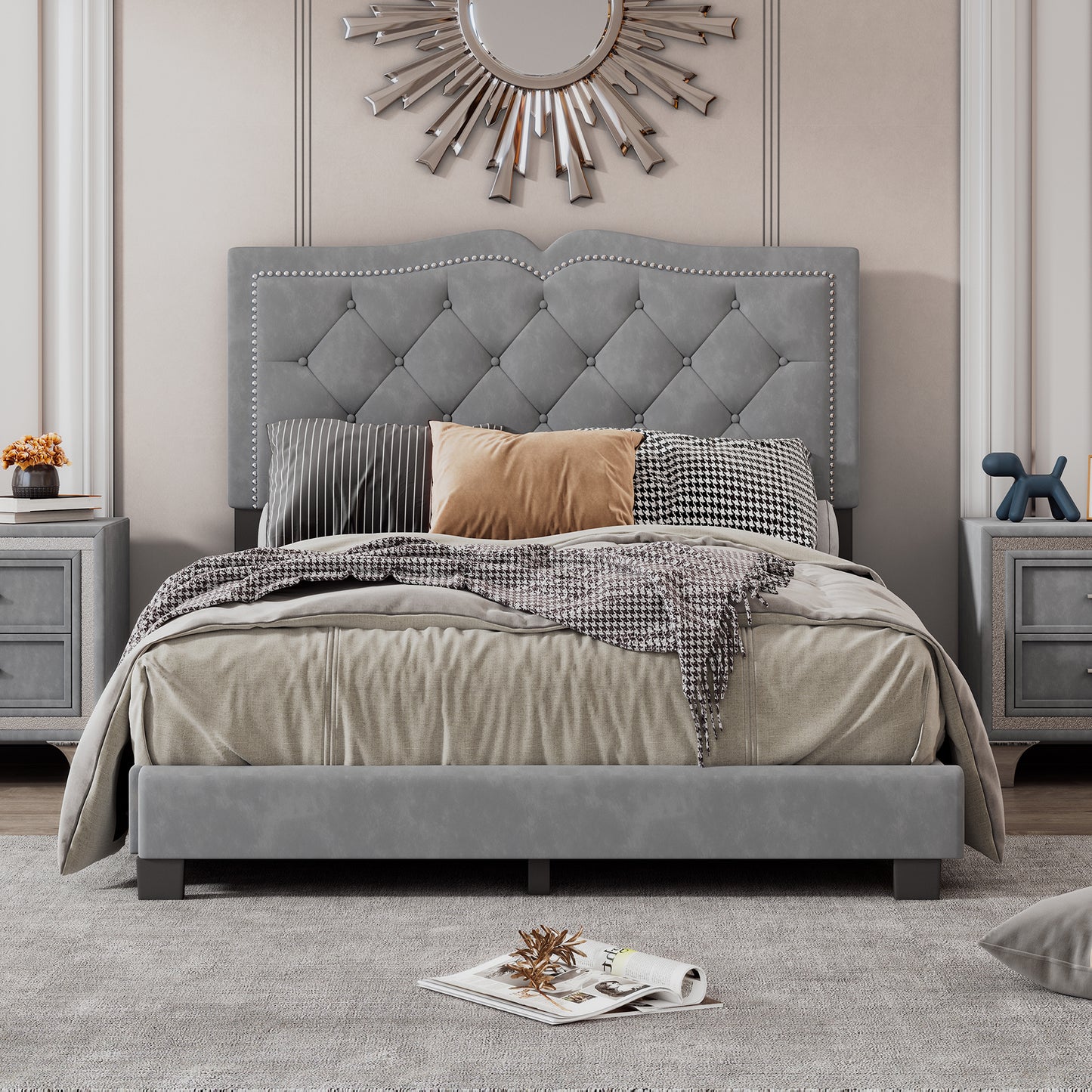 Full Size Upholstered Bed Frame with Rivet Design, Modern Velvet Platform Bed with Tufted Headboard,Gray