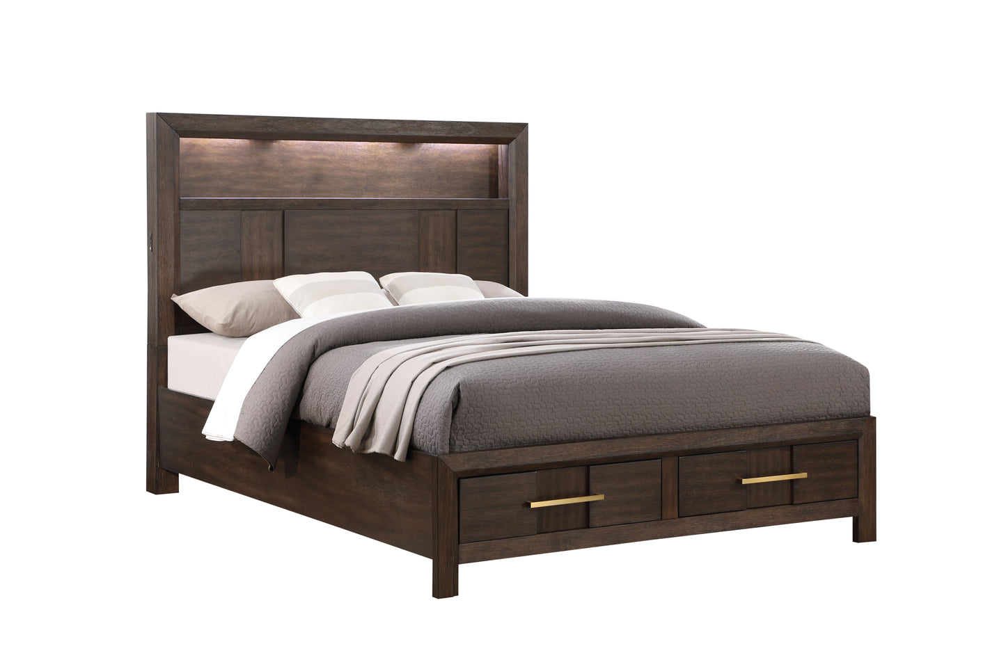 Modern Style King 5PC Storage Bedroom Set Made with Wood, LED Headboard, Bluetooth Speakers & USB Ports - Walnut