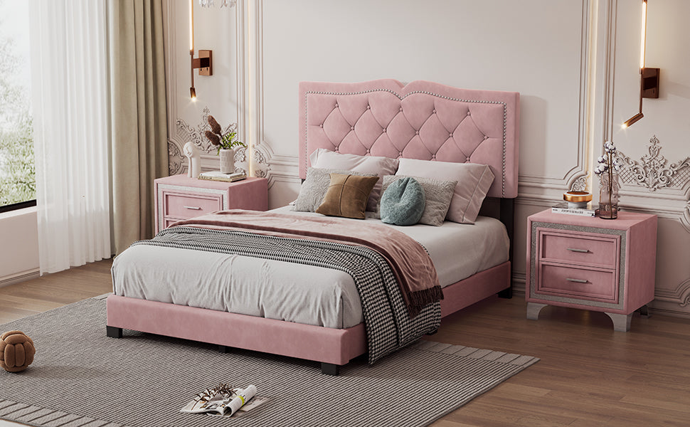 Full Size Upholstered Bed Frame with Rivet Design, Modern Velvet Platform Bed with Tufted Headboard,Pink