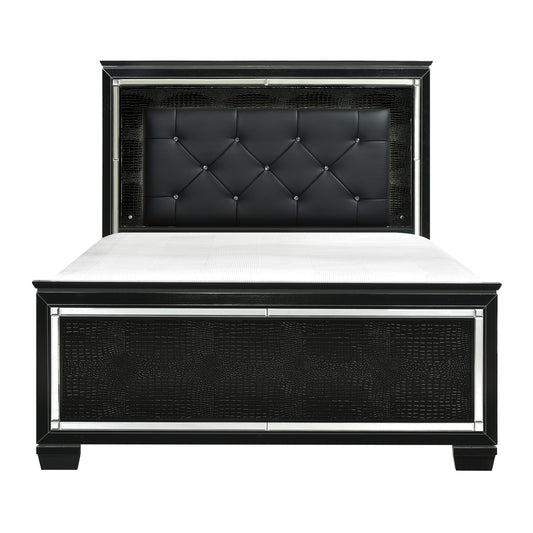 Black Finish Upholstered Button-Tufted 1pc Queen Size Bed LED Headboard Faux Alligator Embossed Textural Panels Wooden Bed