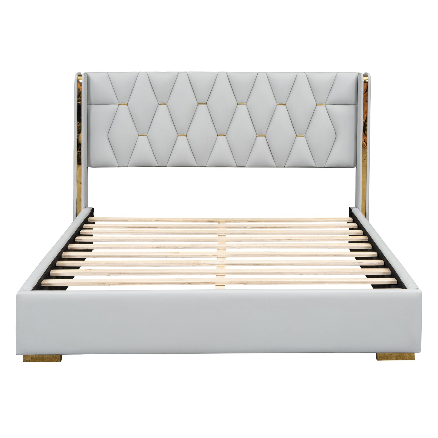 Queen Size Upholstered Platform Bed with Metal Strips, Off-white