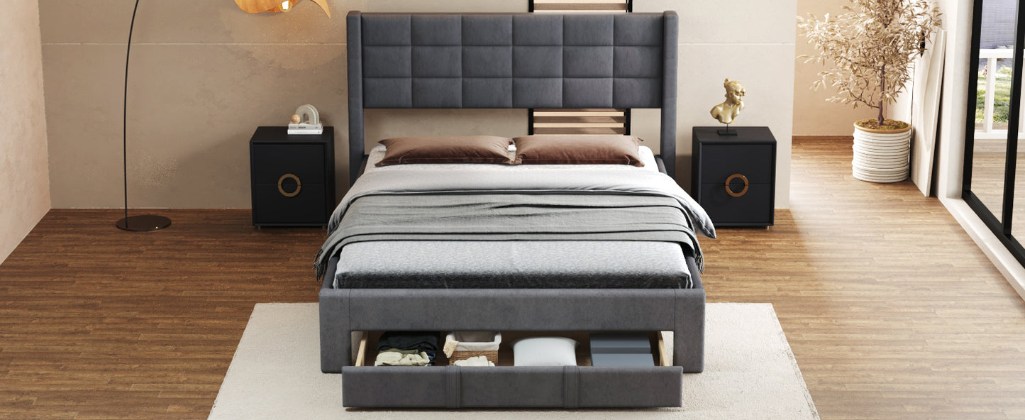 Queen Size Upholstered Platform Bed with A Big Drawer, Gray