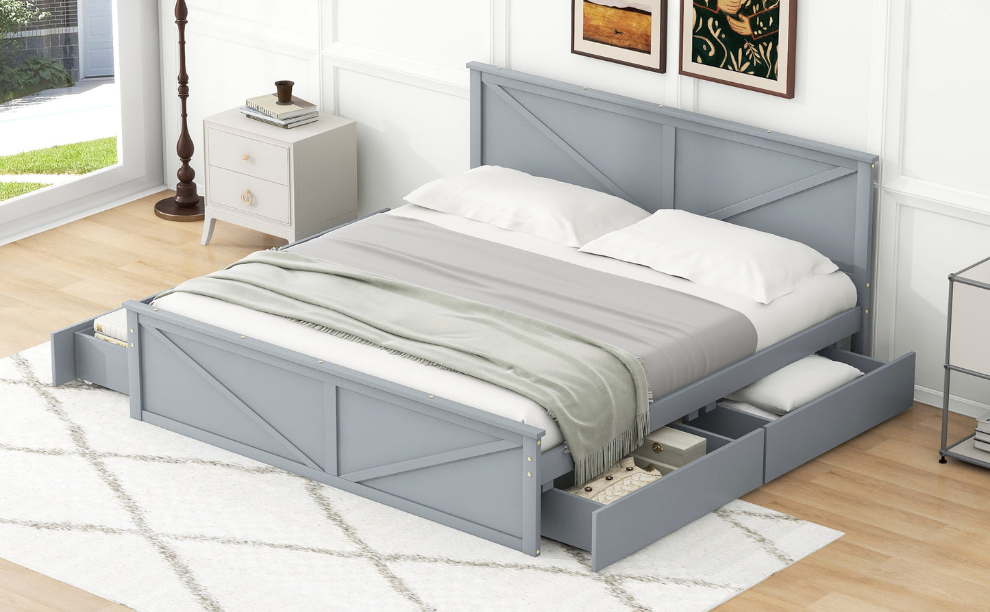 King Size Wooden Platform Bed with Four Storage Drawers and Support Legs, Gray