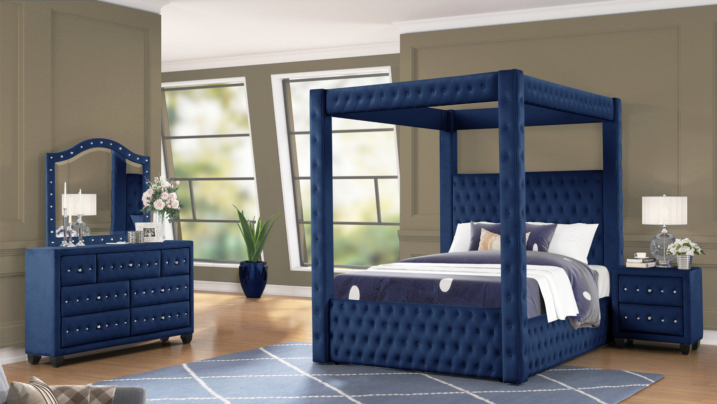 luxurious Four-Poster Queen 4 Pc Bedroom Set Made with Wood in Navy