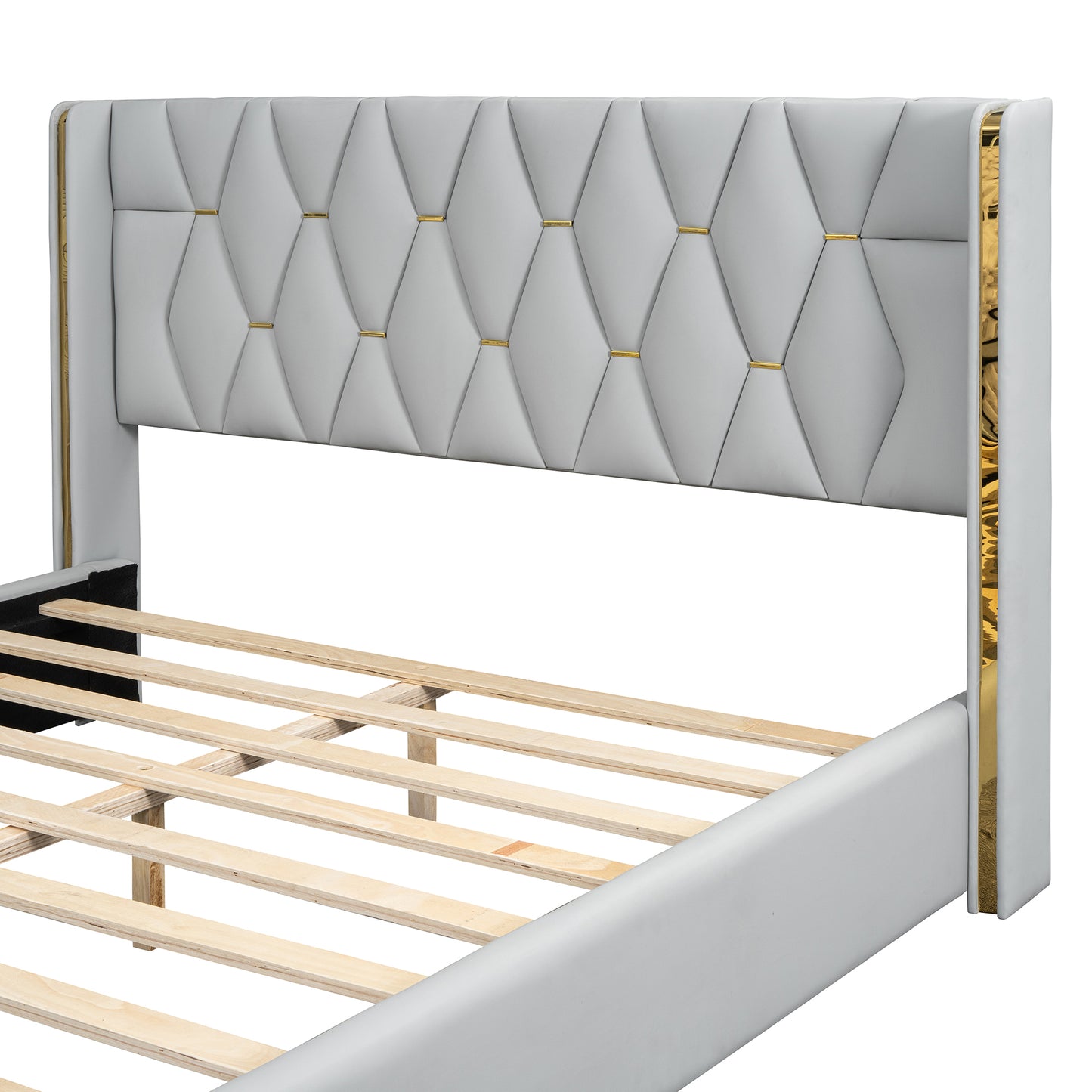 Queen Size Upholstered Platform Bed with Metal Strips, Off-white