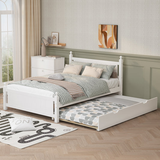 Full Size Solid Wood Platform Bed Frame with trundle for Limited Kids, Teens, Adults, No Need Box Spring, White