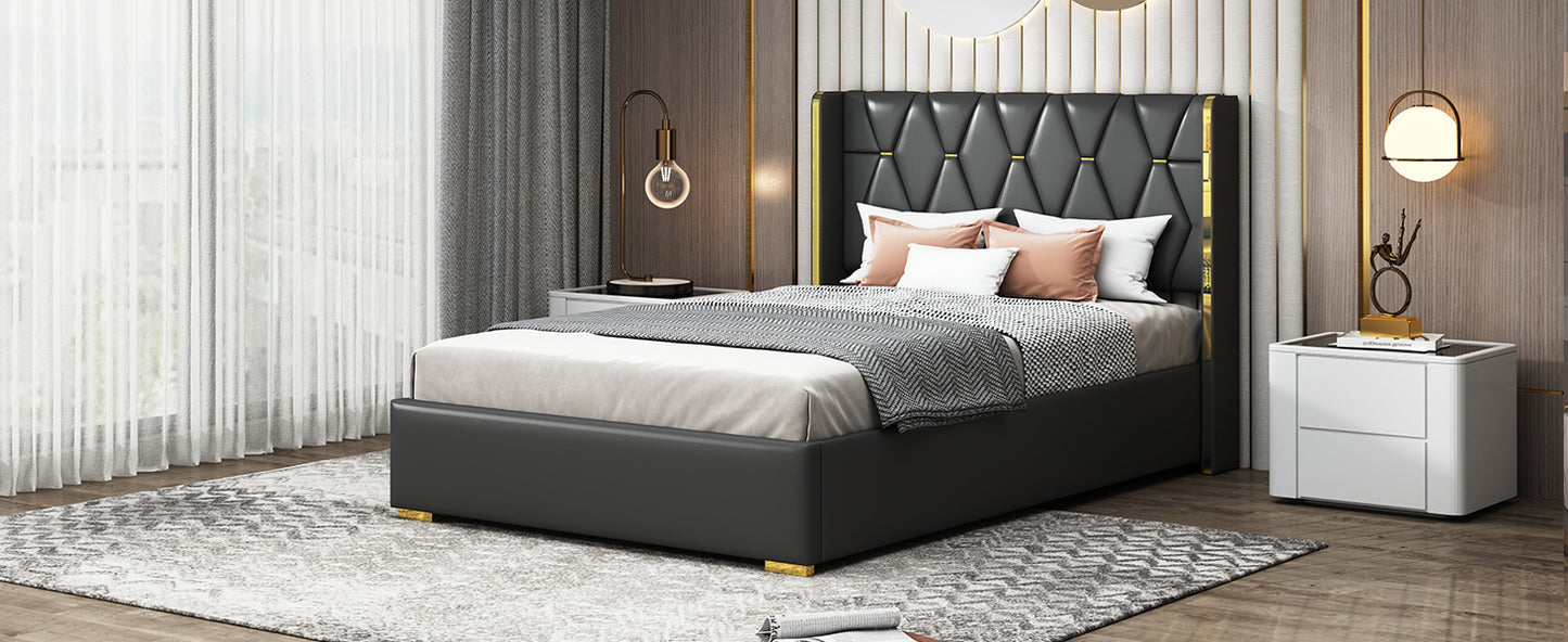 Full Size Upholstered Platform Bed with Metal Strips, Black