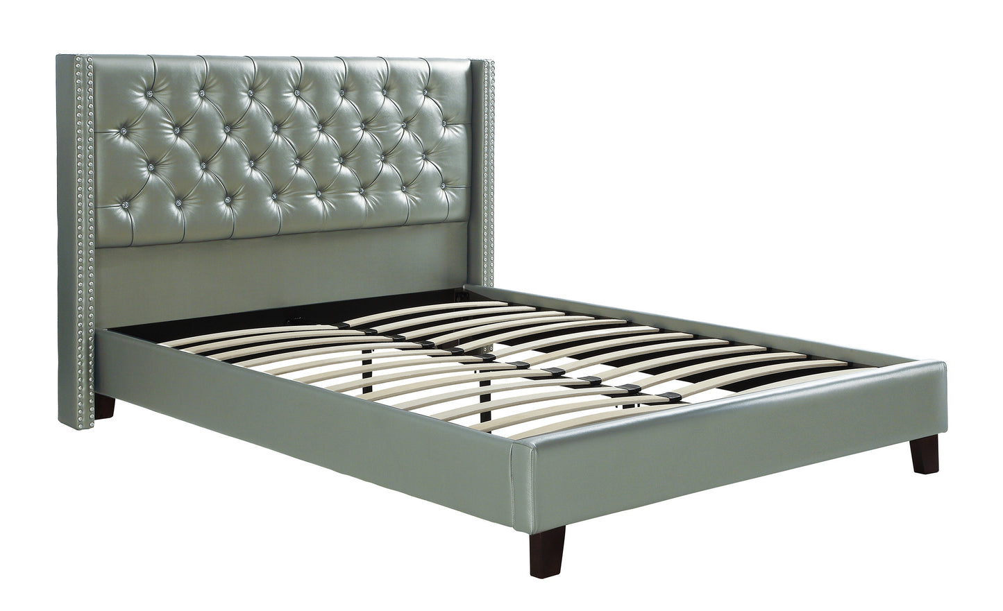 Full Size Bed 1pc  Bed Set Silver Faux Leather Upholstered Tufted Bed Frame Headboard Bedroom Furniture