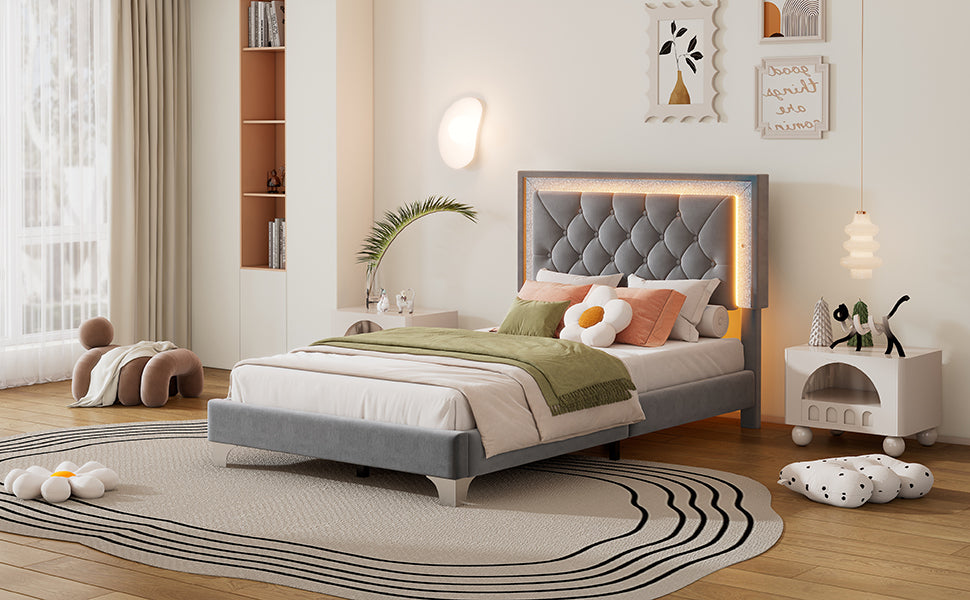 Twin Size Upholstered Bed Frame with LED Lights,Modern Velvet Platform Bed with Tufted Headboard,Grey