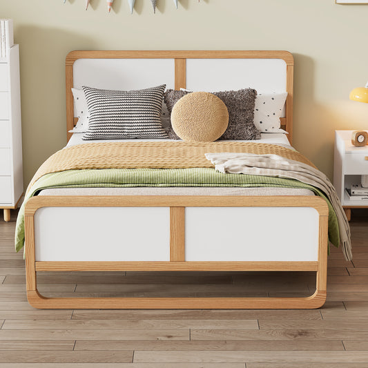 Modern Style Full Size Solid Wood Platform Bed for  Kids, Teens, Adults, No Need Box Spring, Walnut and White