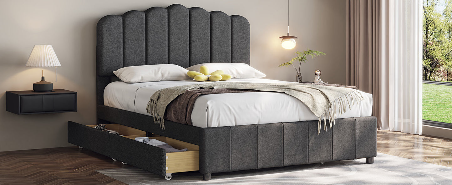 Full Size Upholstered Bed with 4 Storage Drawers,Wood Slat Support, Gray