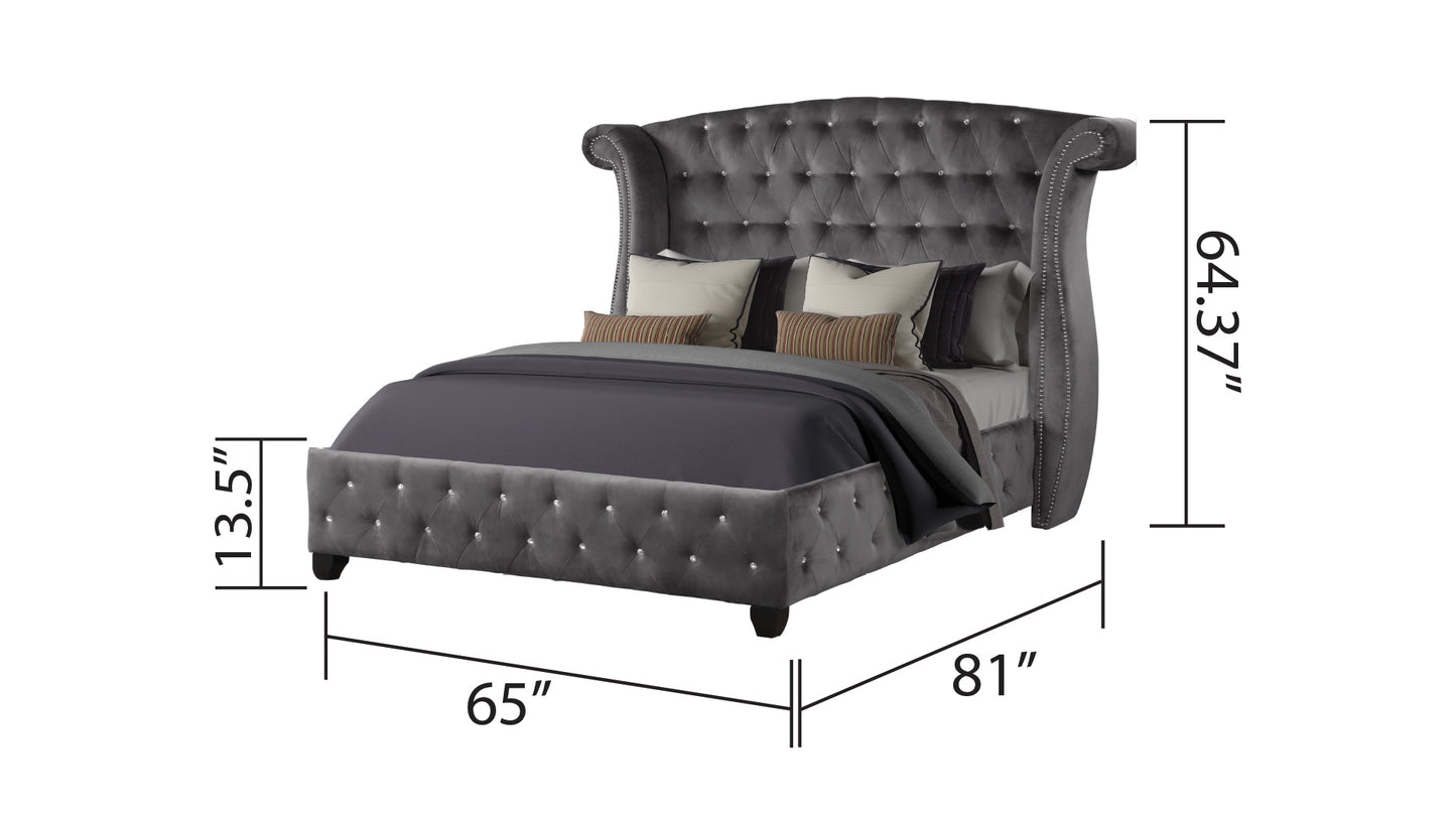 Modern Style Crystal Tufted Queen 4 Piece(Includes: Queen Size Bed, Nightstand, Vanity Set) Velvet Fabric Upholstery Vanity Bedroom Set Made with Wood in Gray