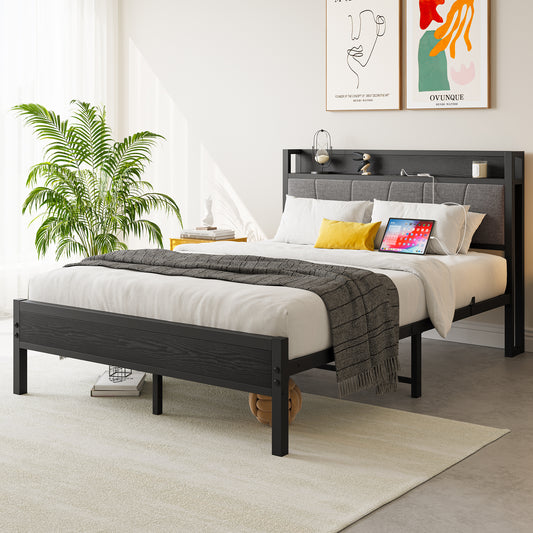 Full Size Bed Frame, Storage Headboard with Charging Station, Solid and Stable, Noise Free, No Box Spring Needed, Easy Assembly