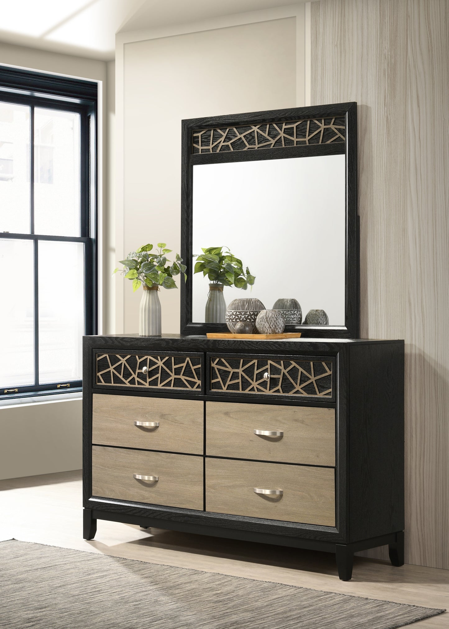 Selena Modern & Contemporary Queen 4PC Bedroom set Made with Wood in Black and Natural