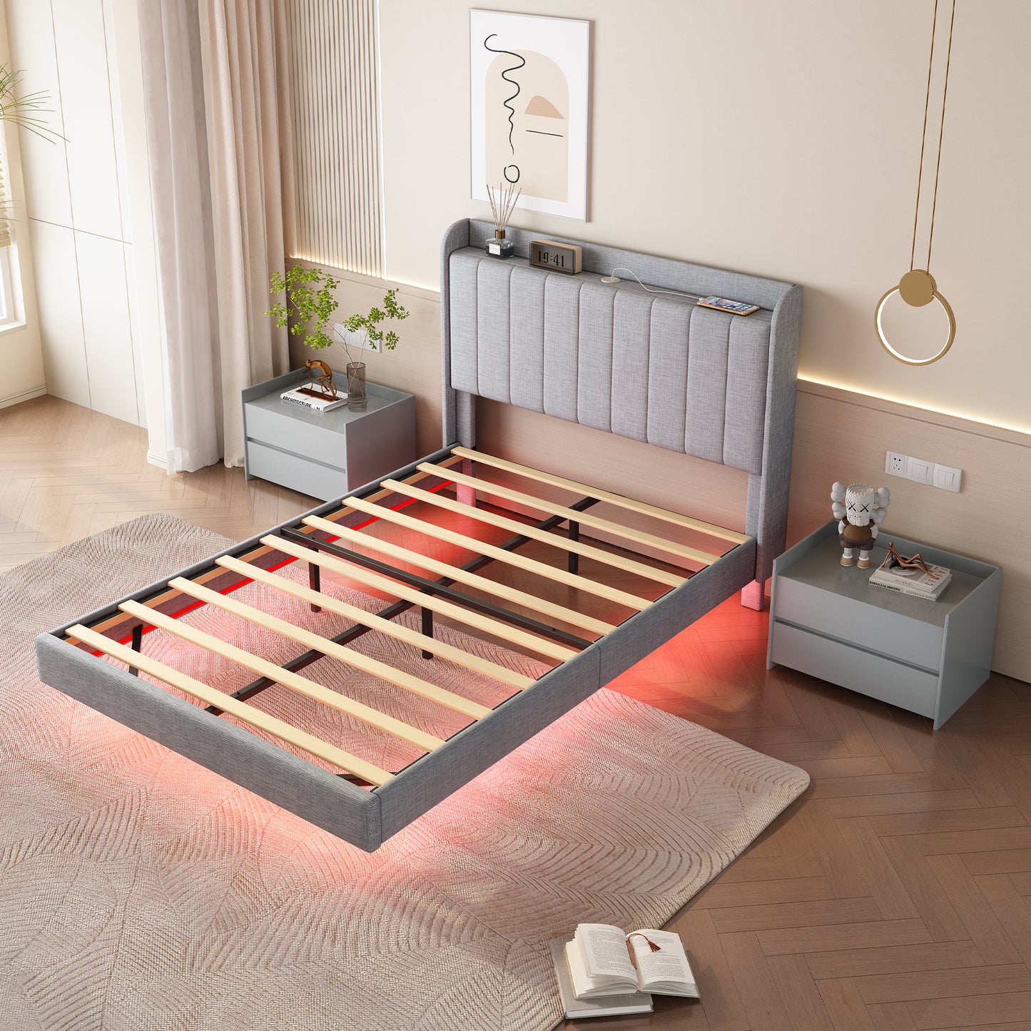 Full size Floating Bed Frame,with Remote control LED Lights with APP , Wood Platform-Light Grey