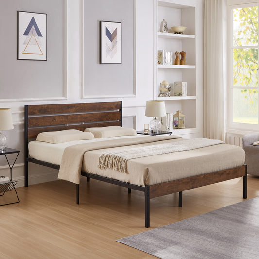 Full Size Bed Frame with Wood Headboard, Metal Frame with Strong Slats, Noise Free,No Box Spring Needed-Brown.