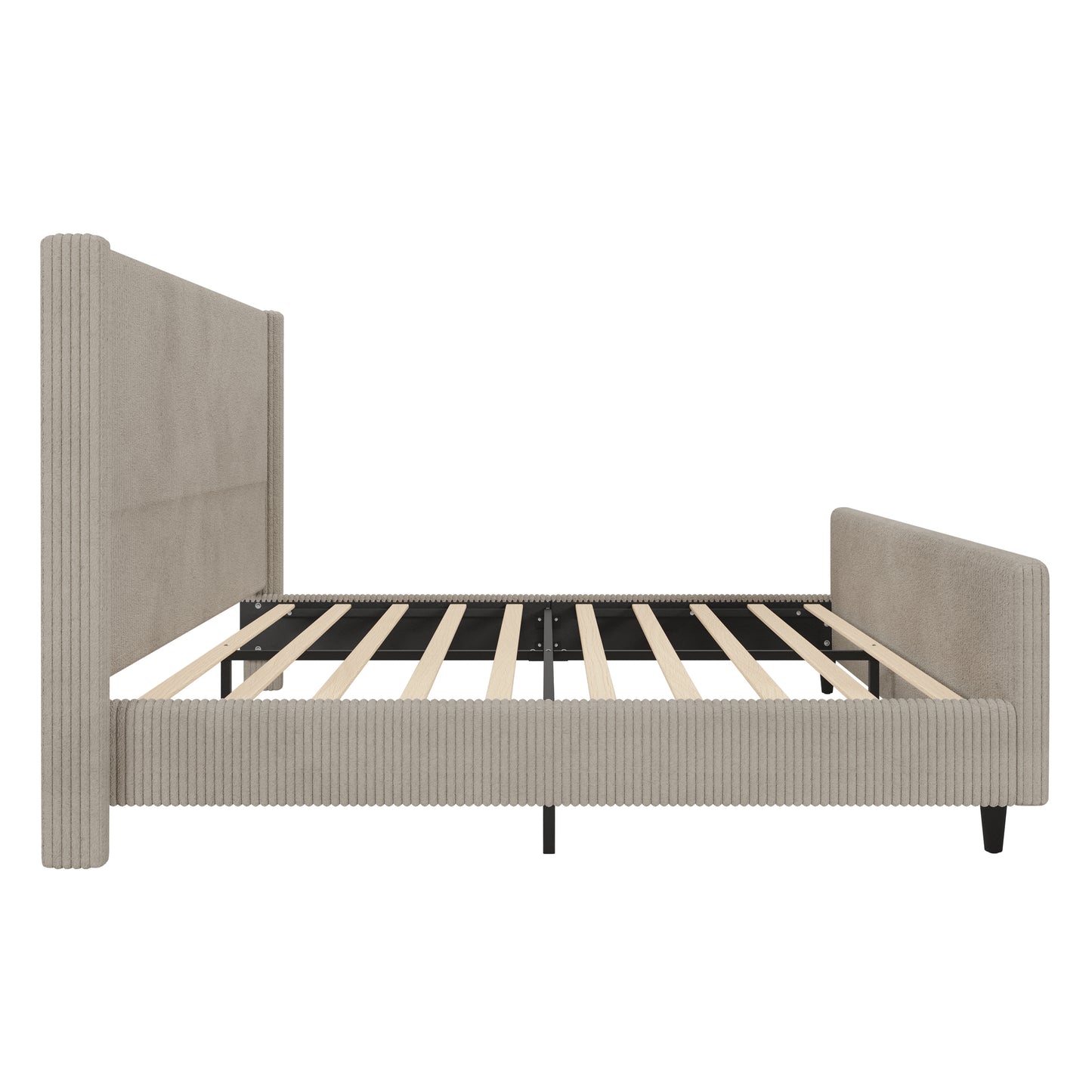 50.7'' High Headboard Corduroy Upholstered Bed Frame with Vertical Stripe Wingback and High Footboard No Box Spring Needed, king Size, Taupe