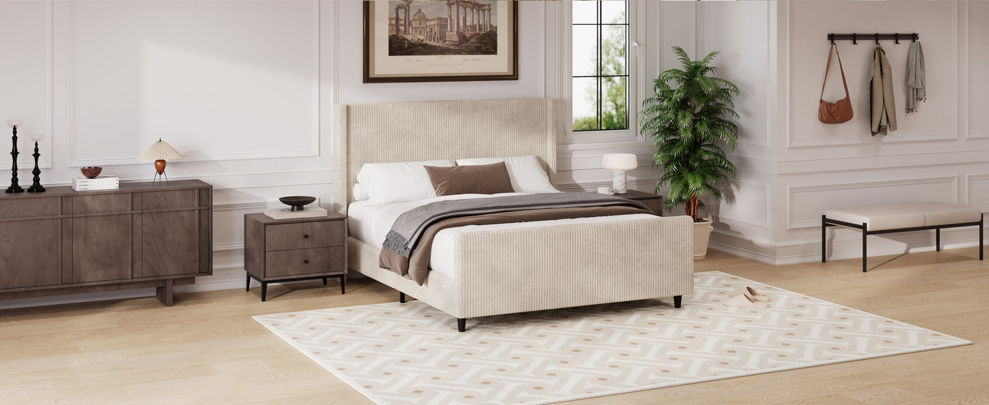 50.7'' High Headboard Corduroy Upholstered Bed Frame with Vertical Stripe Wingback and High Footboard No Box Spring Needed, Queen Size, Cream