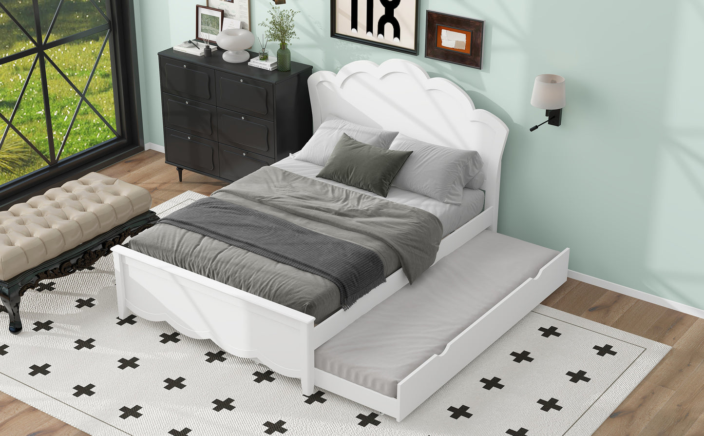 Full Size Wood Platform Bed with Headboard and Twin Size Trundle, White