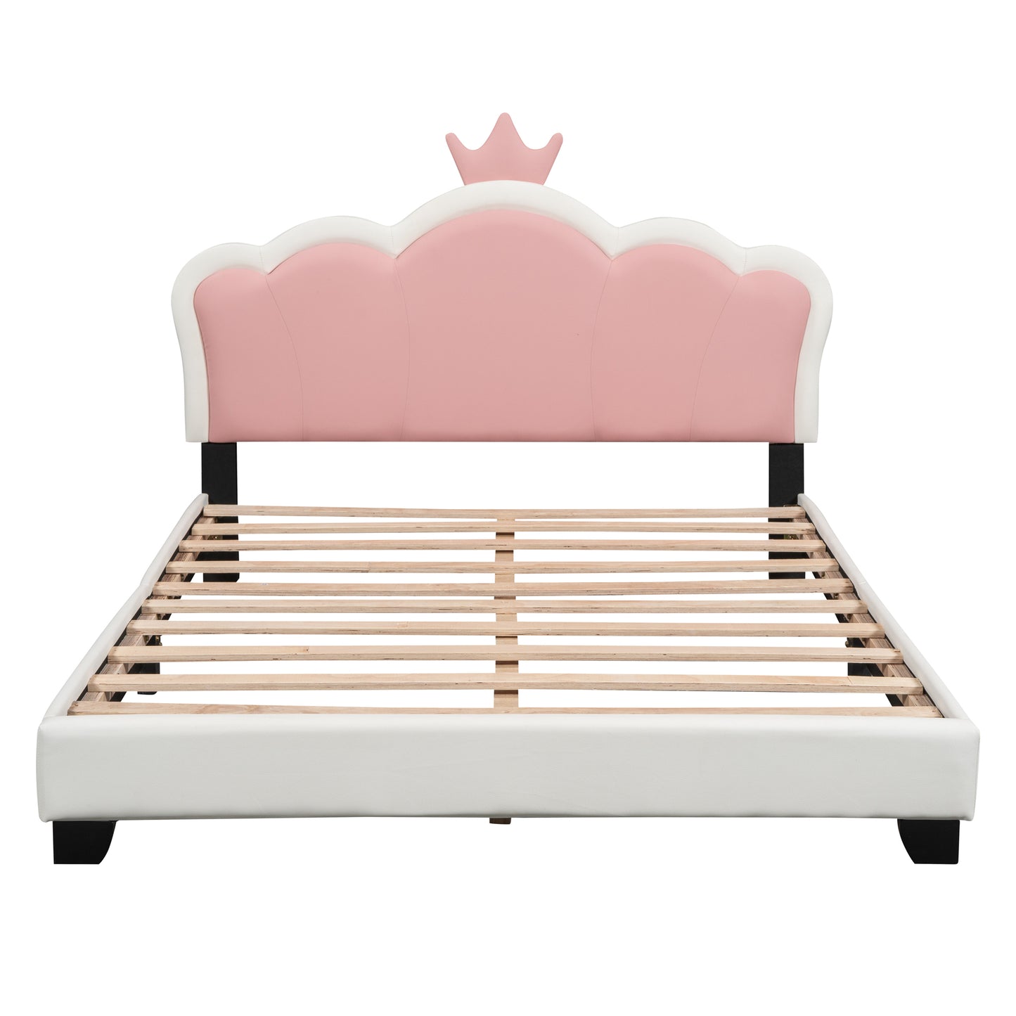 Full size Upholstered Princess Bed With Crown Headboard,Full Size Platform Bed with Headboard and Footboard, White+Pink