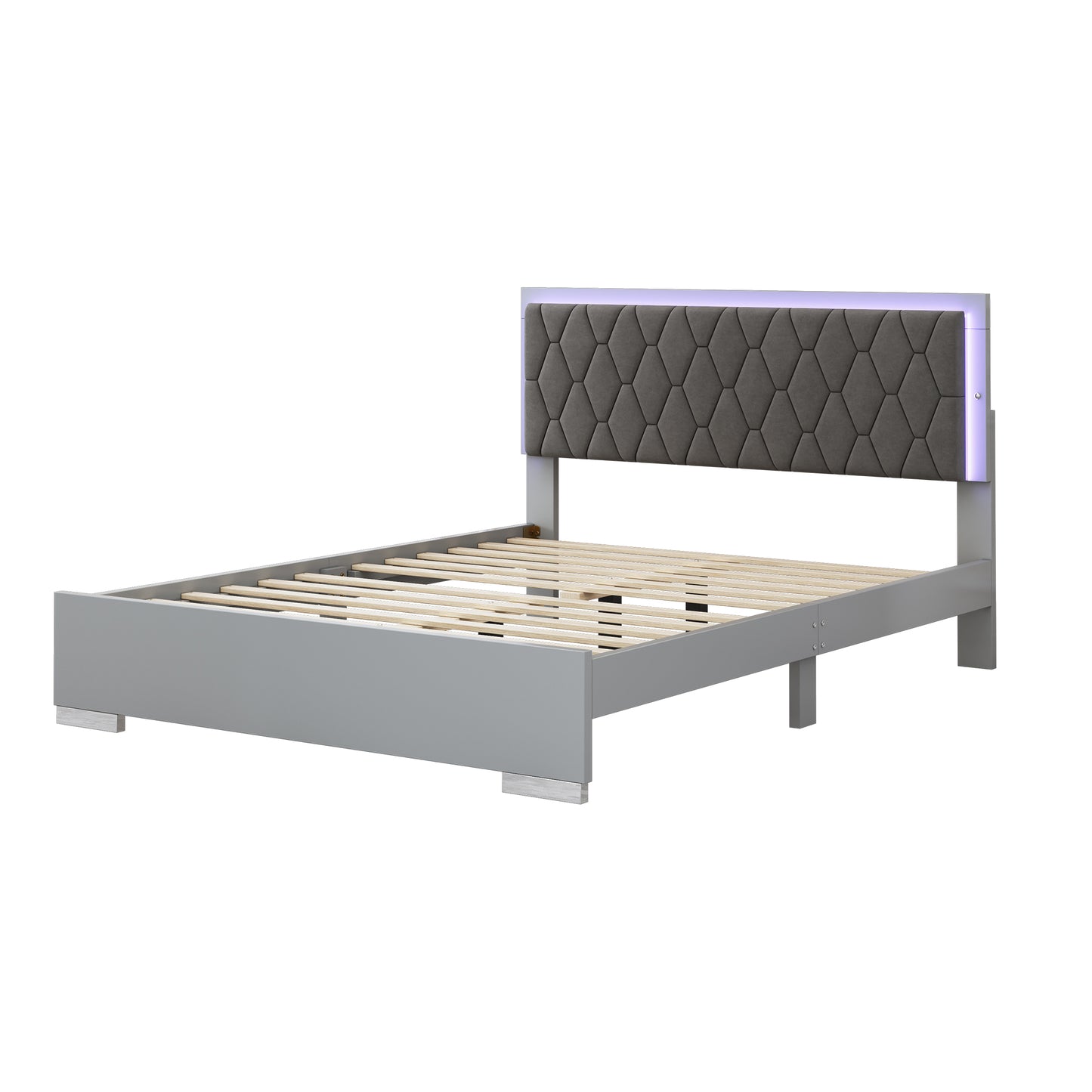 Queen Size Upholstered Bed with LED Lights,Modern Platform Bed with Velvet Headboard,Grey