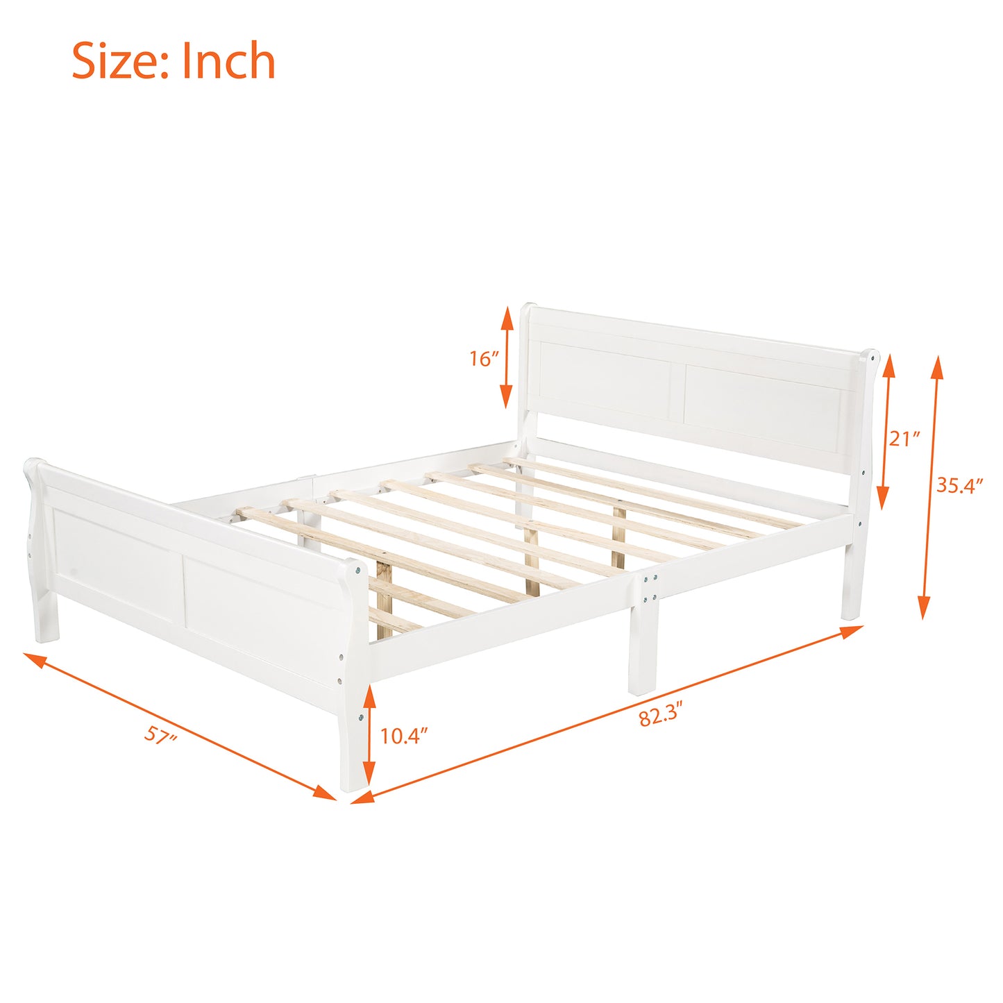 Cama con plataforma de madera de tamaño completo con cabecera y soporte de listones de madera (blanco)