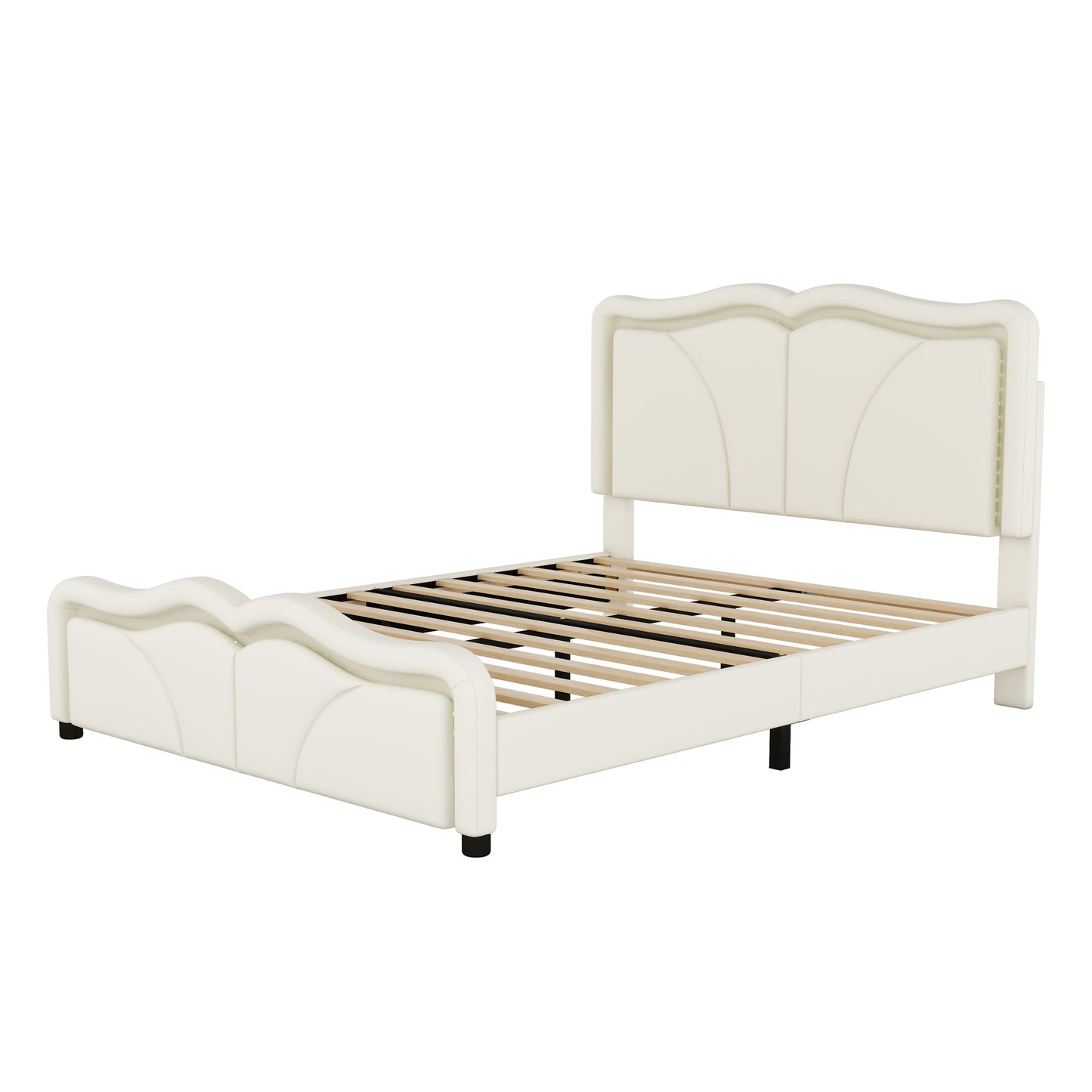 Full Size Upholstered Platform Bed with Curve Shaped and Height-adjustbale Headboard,LED Light Strips,White