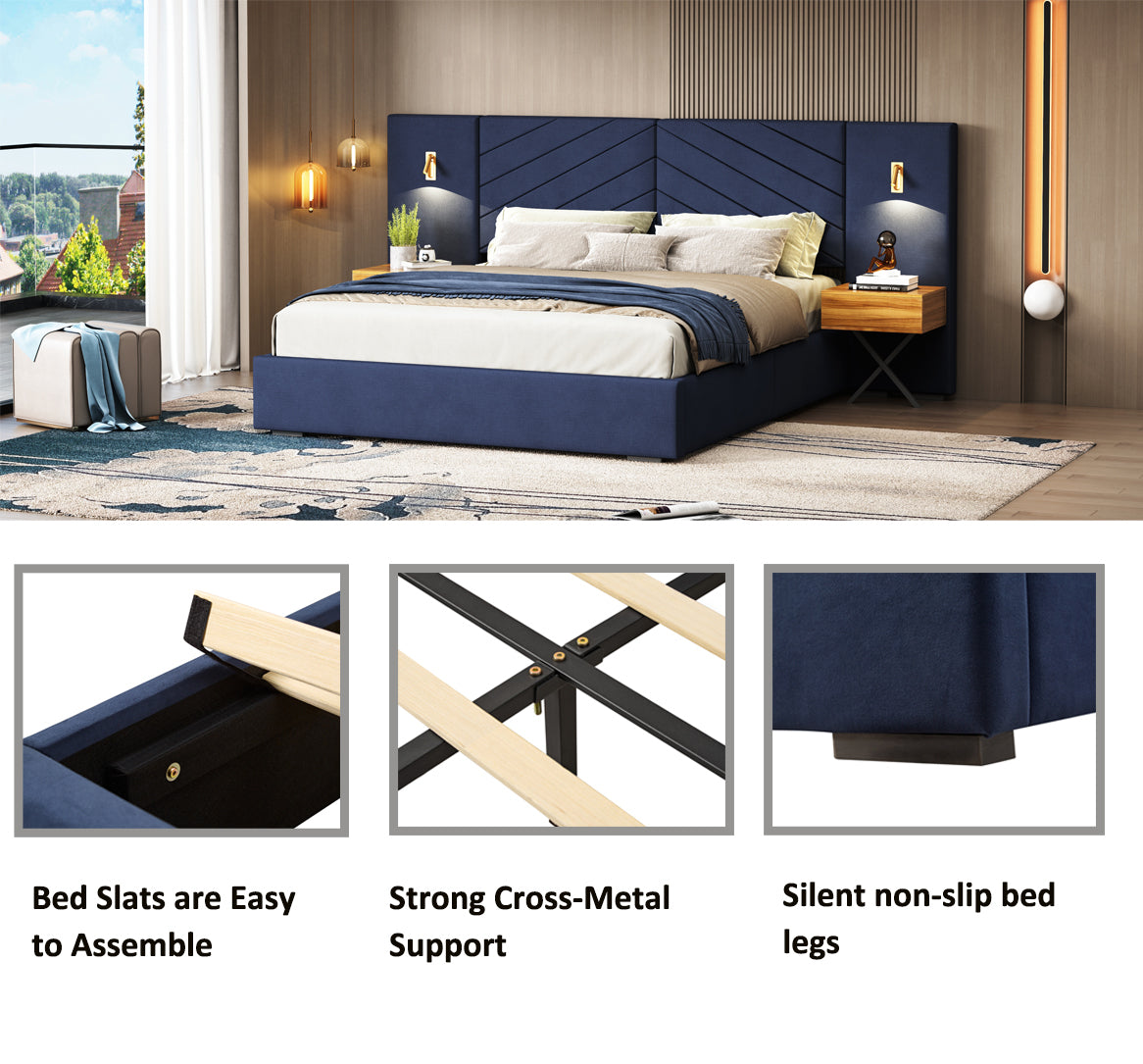 Queen Size Velvet Bed Frame/Vertical Channel Tufted Wingback Headboard/Upholstered Platform Bed/Strong Wooden Slats/No Box Spring Needed/Easy AssemblyRoyal blue