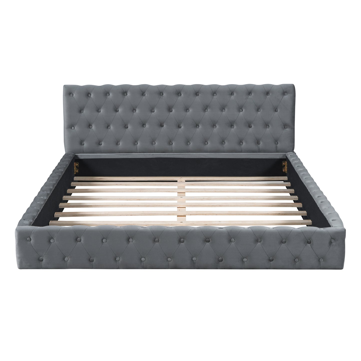 Queen Size Velvet Upholstered Platform Bed, with Luxurious Diamond Grid Headboard,Gray