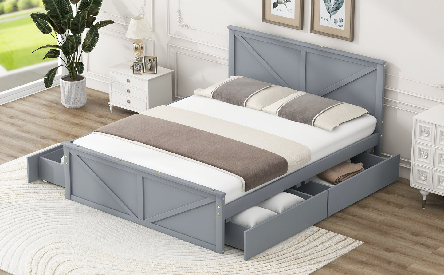 Queen Size Wooden Platform Bed with Four Storage Drawers and Support Legs, Gray