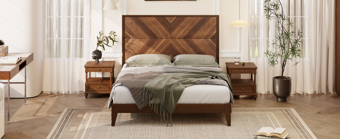 Mid-Century Modern Platform Bed Wood Slat Support with No Box Spring Needed,Queen, Walnut