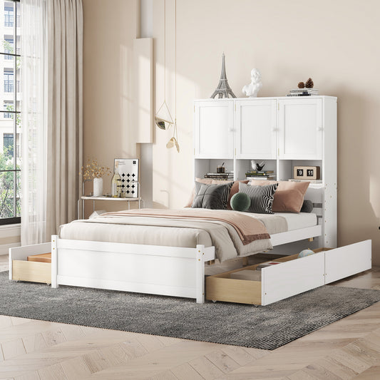 Full Size Platform Bed with Storage Headboard and 4 Drawers, White