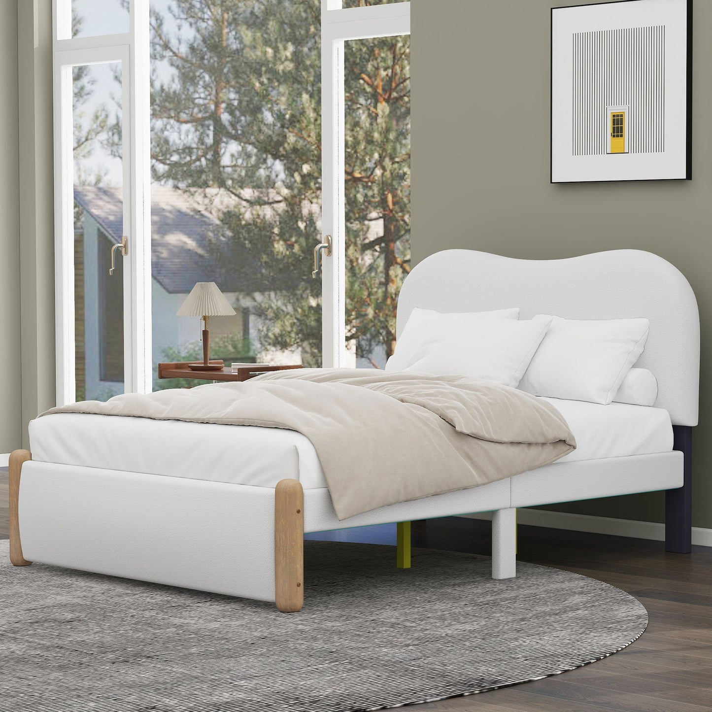 Full Size Upholstered Platform Bed with Wood Supporting Feet, White