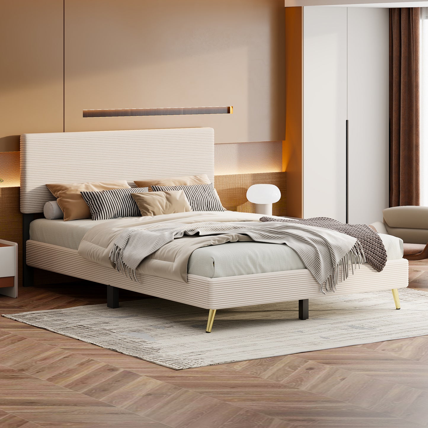 Queen Size Corduroy Upholstered Bed Frame, Platform Bed with Horizontal Stripe Headboard, No Box Spring Needed, Beige