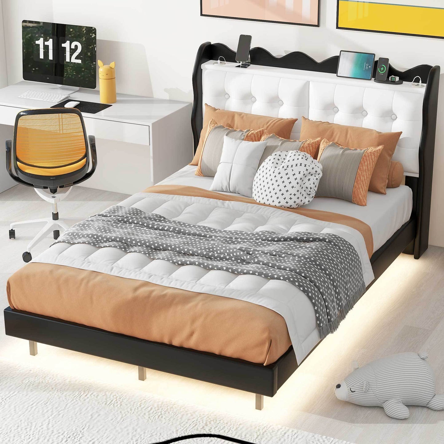 Full Size Upholstery Platform Bed Frame with LED Light Strips and Built-in Storage Space,Black